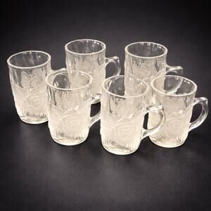 Vintage Etched Glass Mini Beer Mugs Set of 6 Rose Pattern Small Handled Cups
